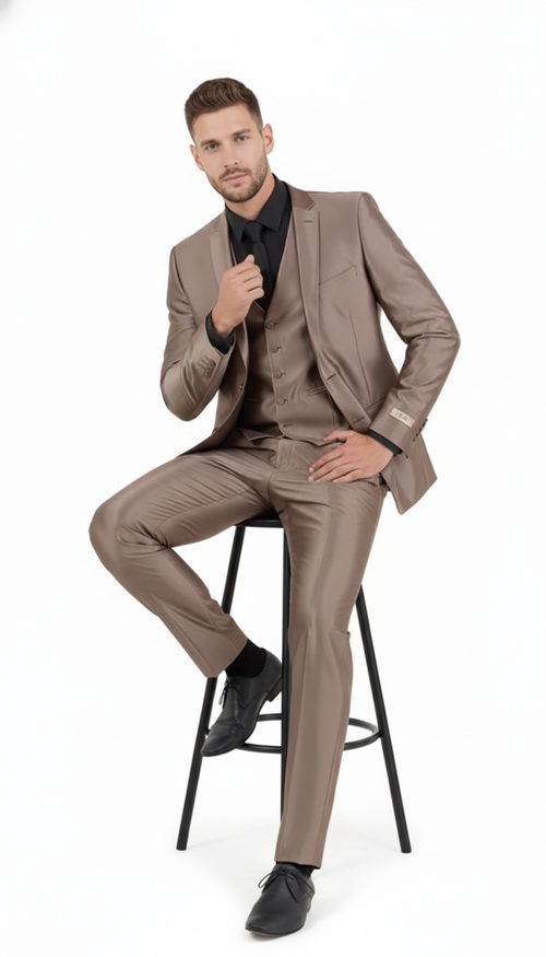 Mens Sateen Shiny Metallic Mocca Taupe Gold Bronze 3-Piece Suit Set Shiny Finish slim Fit Formal and Party Suit