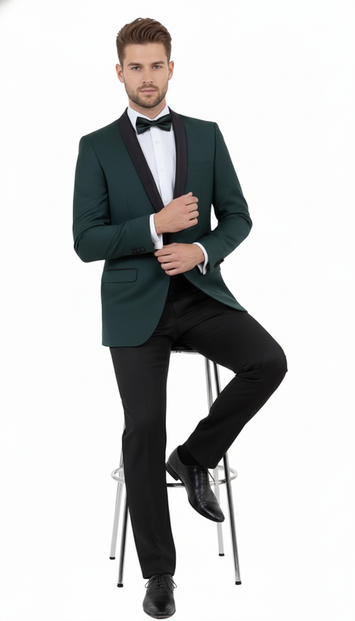 Mens Green Tuxedo Suit Slim Fit Jacket with Black Satin Shawl Lapel and Black Pants in Hunter Green