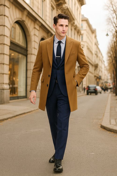 Mens Camel Brown Wool Overcoat – Classic Long Dress Coat for Business and Casual Wear in Vecuna Color