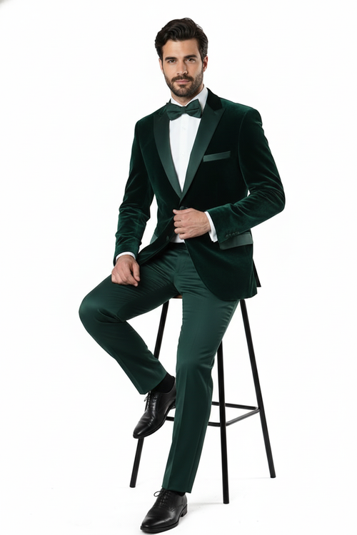 Mens Dark Green Velvet Tuxedo Dinner Jacket Slim Fit Formal Blazer with Satin Peak Lapel Lape