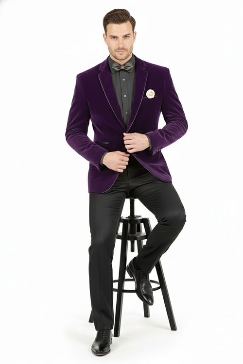 Mens Purple Velvet Blazer Luxury Slim Fit Formal Jacket with Black Satin Trim Tuxedo Dinner Jacket
