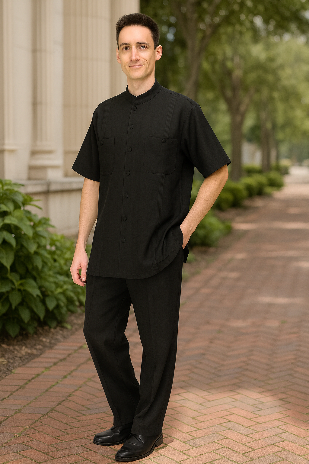 Men’s Black Banded Collar Walking Suit – Short Sleeve Shirt and Matching Pants Banded Collar Linen Fabric - S