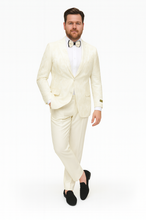 Mens Ivory Floral Embroidered Tuxedo Jacket Elegant Wedding and Party Blazer in Cream Color With Ivory Pants