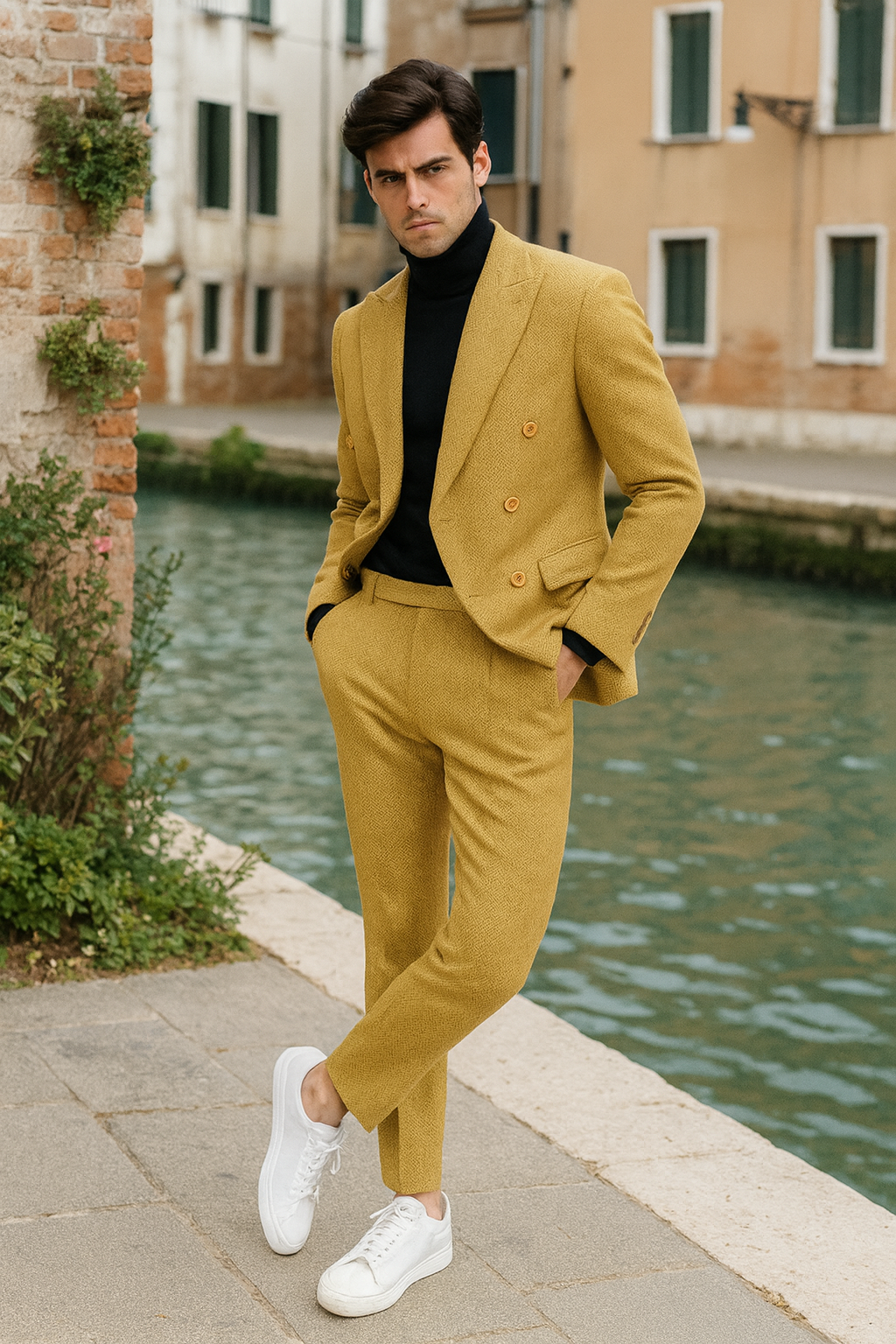 Men’s Gold Double Breasted Suit – Classic 1920s Camel Color Formal Slim Fit Suit - 34 Short or Extra Small