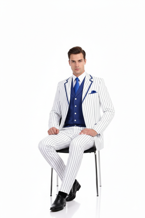 Mens White and Royal Blue Pinstripe 3-Piece Suit Classic Fit Blazer with Vest, Pants, and Tie