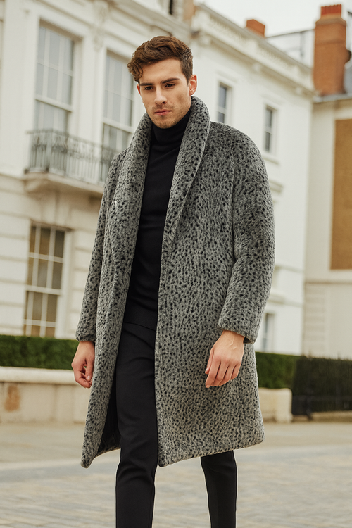 Mens Luxury Long Grey Faux Fur Coat -Winter Overcoat with Animal Print Design
