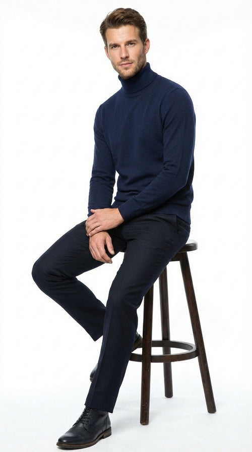 Mens Navy Blue Turtleneck Sweater Pullover | Cotton Blend Long Sleeve Knit Top for Casual & Smart Wear