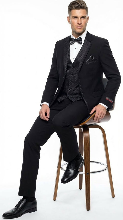 Men's Black Vested Tuxedo Suit with Patterned Lapel Classic Formal Suit for Wedding, Party and Evening Events