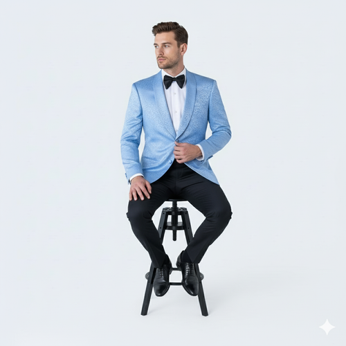 Mens Light Blue Paisley Tuxedo Jacket Elegant Satin Shawl Lapel Dinner Blazer for Weddings, Proms in Sky Powder Blue Color Bowtie