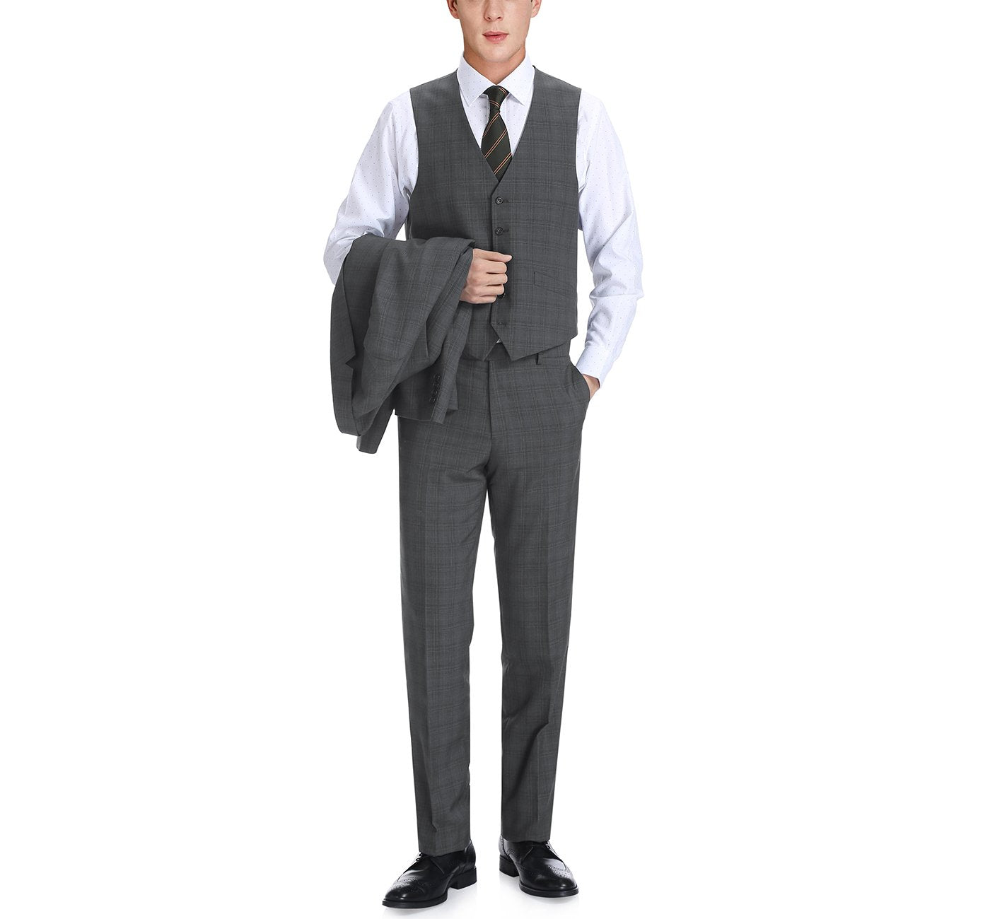 278-1 Men's 3-Piece Classic Fit Single Breasted Windowpane Suit - 34Sx28W