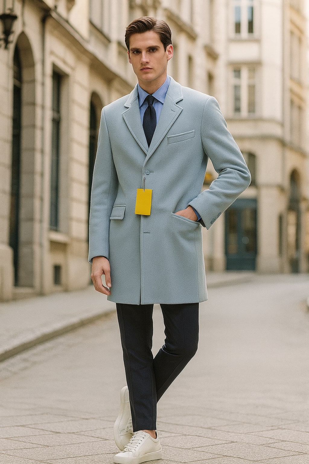 Mens Light Blue Wool Overcoat – Modern Long Coat with Classic Tailored Fit in Sky Blue - Coat Size 38
