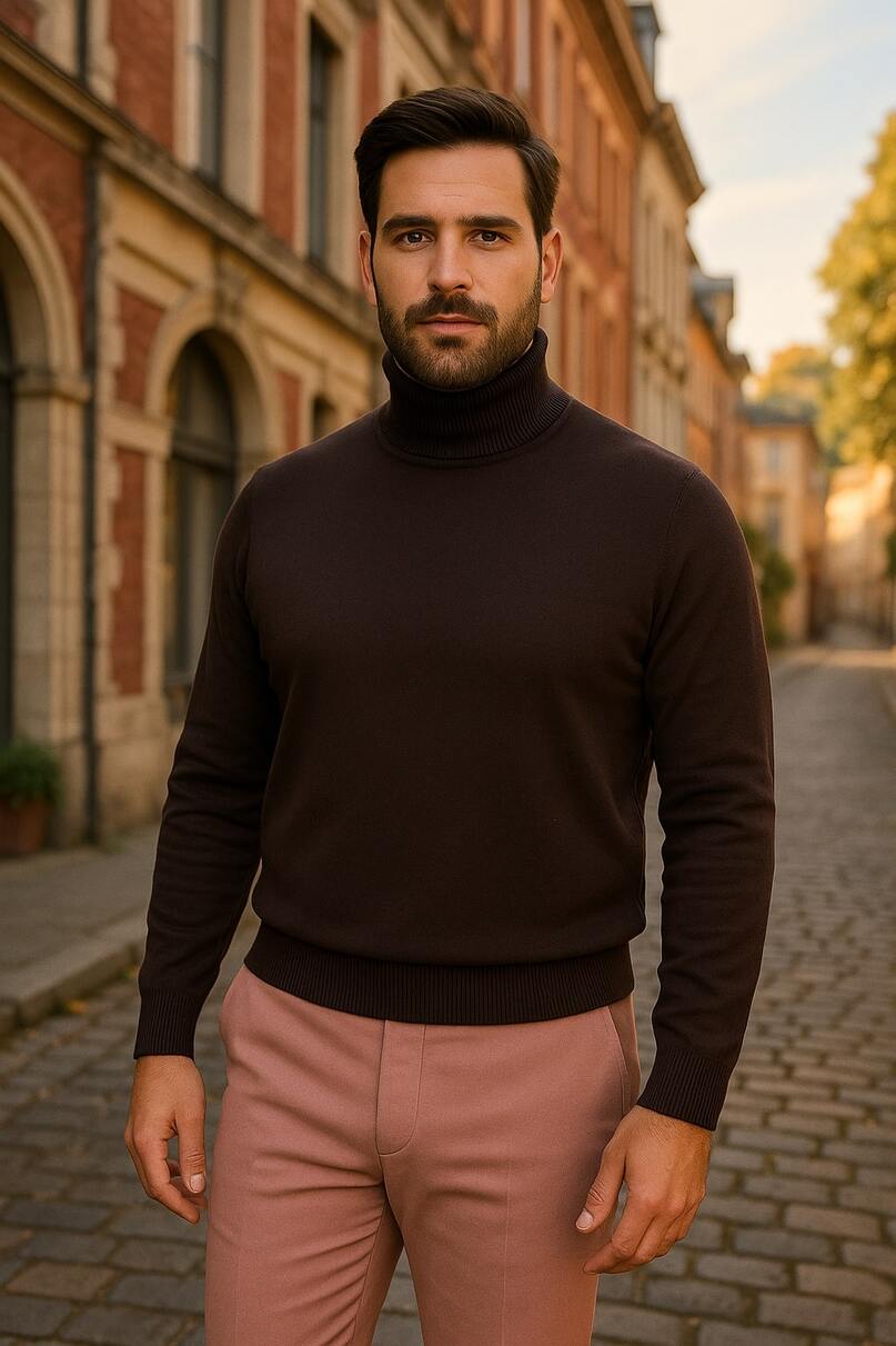 Men's Brown Turtleneck Sweater – Classic Slim Fit Knit Pullover for Fall and Winter - S