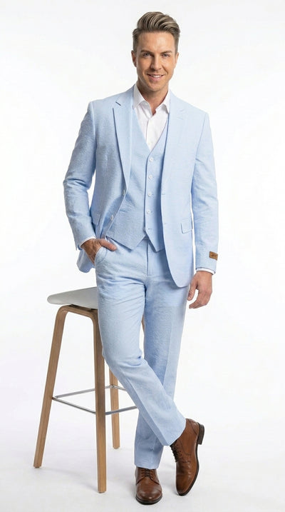 Men’s Blue Pinstripe Seersucker Suit with Jacket and Pants, Big and Tall Kentucky Derby Summer Suit