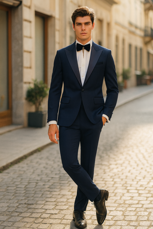 Mens Navy Blue Tuxedo with Satin Peak Lapel With Matching Color Lapel Sateen – Formal 2 Piece Suit