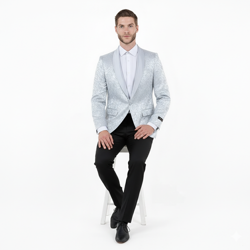 Big and Tall Mens Silver Gray Paisley Tuxedo Jacket Satin Shawl Lapel Blazer for Weddings, Proms, and Formal Events