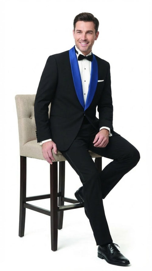 Mens Black Tuxedo with Royal Blue Shawl Lapel | Modern Formal Dinner Jacket Suit + Pants for Weddings, Proms