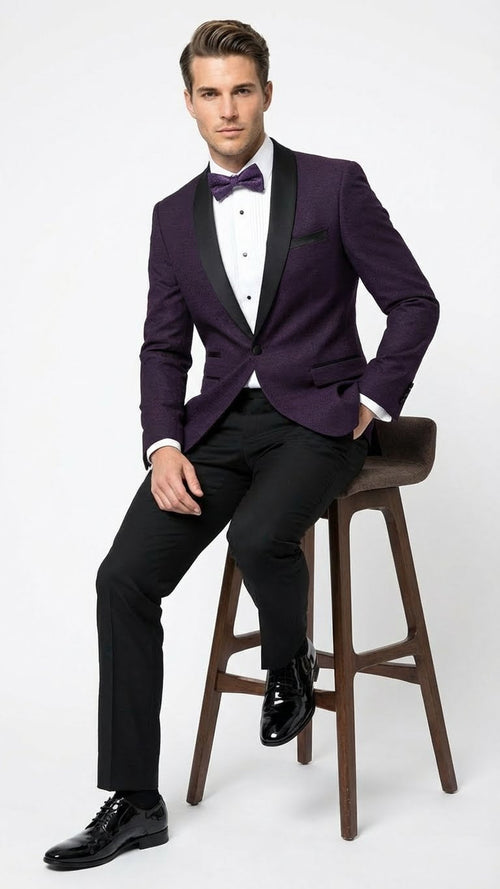 Mens Eggplant Plum Purple Tuxedo Blazer with Satin Lapel, White Tuxedo Shirt and Matching Purple Bow Tie - Slim Fitted - Prom wedding Suit With Pants
