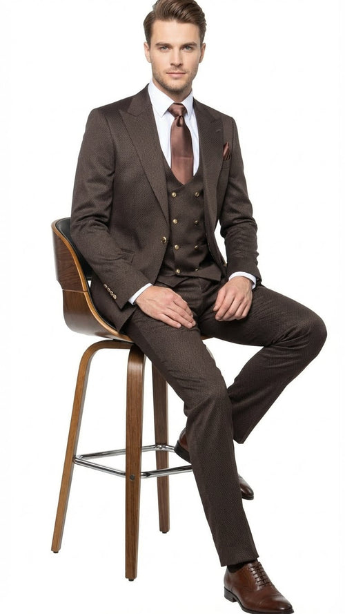 Mens Chocolate Brown Textured 3-Piece Suit Luxury Double-Breasted Vest Formal Set