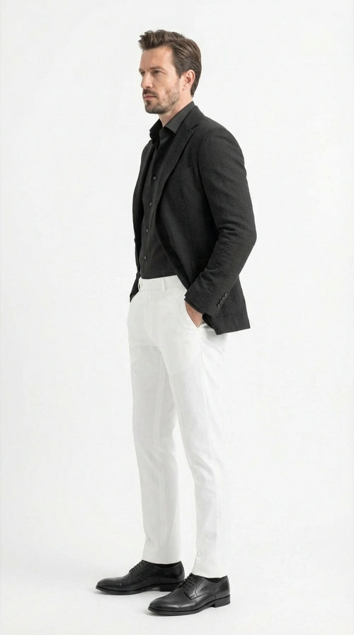 Mens Black Seersucker Blazer - Textured Two-Button Notch Lapel Formal & Summer Sport Jacket in Black Tone-on-Tone Cotton Fabric