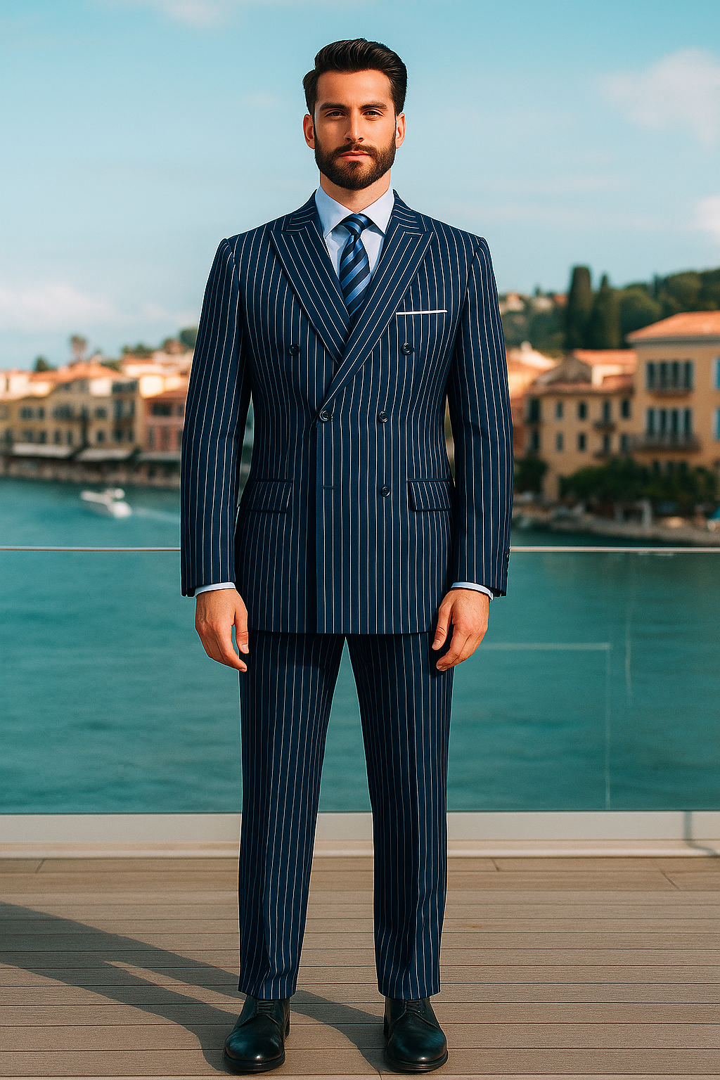 Mens Royal Blue Pinstripe Double-Breasted Suit 6-Button Classic Vintage Gangster Style in Indigo Cobalt Blue Pinstripe Color