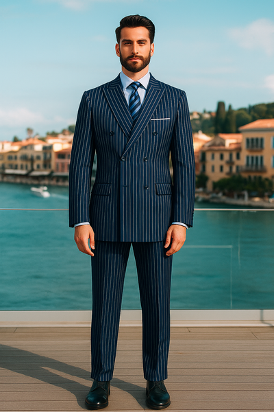 Mens Royal Blue Pinstripe Double-Breasted Suit 6-Button Classic Vintage Gangster Style in Indigo Cobalt Blue Pinstripe Color