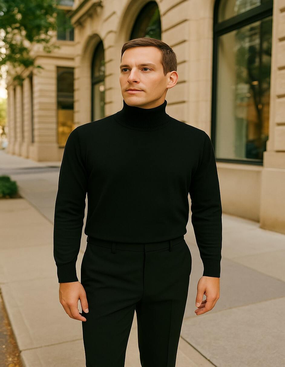 Men's Black Turtleneck Sweater – Classic Slim Fit Knit Pullover for Winter Layering - S