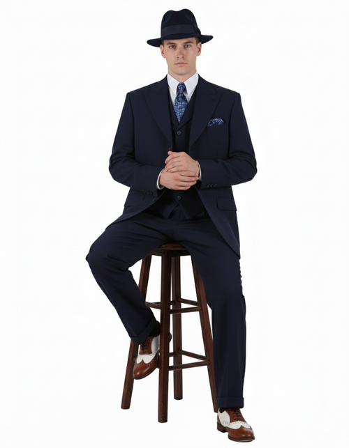 Mens 1920s Navy Blue Zoot Suit Classic Gangster 3-Piece Long - Pleated Pants