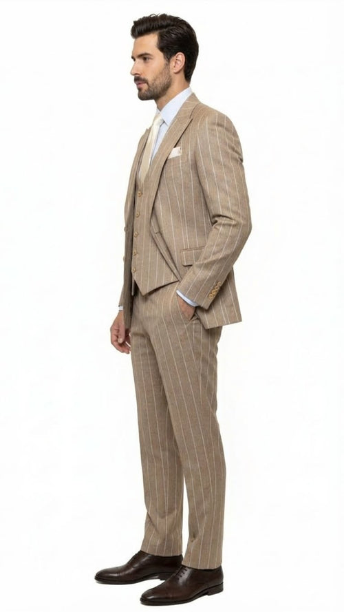 Men's Beige Pinstripe Three-Piece Vested Suit Tailored Fit Business Attire in Tan Stripe by Rossiman