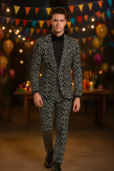 Mens Black and Silver Sequin Tuxedo Slim Fit 2-Piece Party and Wedding Suit with Sparkling Design- Black and White Color