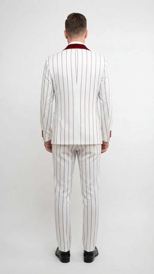 Mens White and Dark Red Pinstripe Tuxedo with Velvet Shawl Lapel Formal Dinner Blazer Prom Christmas New Year Holiday Suit