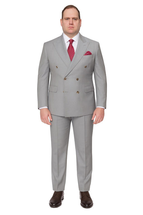 Mens Light Grey Double-Breasted Suit Classic Slim Fit Business and Wedding Formal Attire