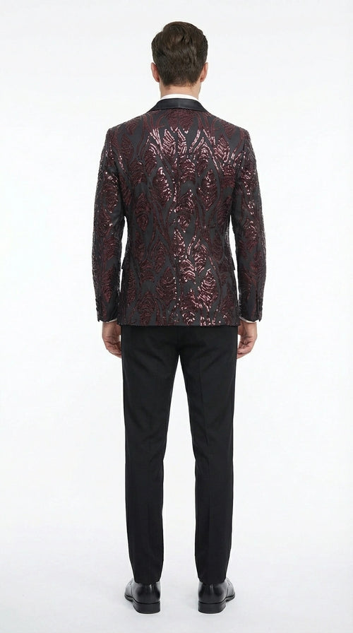 Men’s Black and Burgundy Sequin Blazer – Black Sparkle Sequin Party Blazer with Burgundy Pattern for Prom, Wedding Slim Fitted