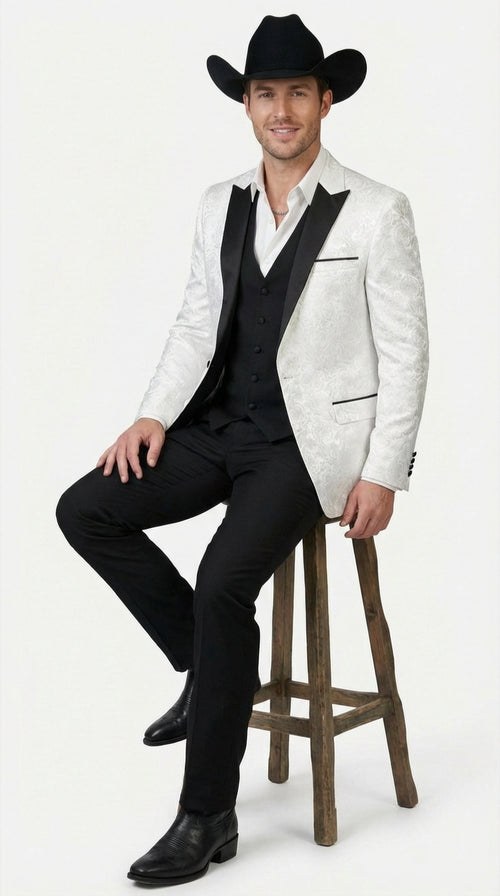 Mens White Paisley Cowboy Tuxedo with Black Satin Lapel – Western Formal Wedding Suit Jacket