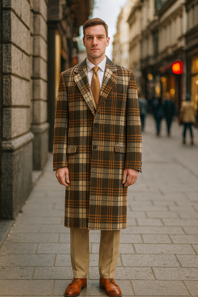 Mens Vintage Plaid Overcoat Wool Fabric Classic Retro Long Coat in Brown And Camel and Beige Color