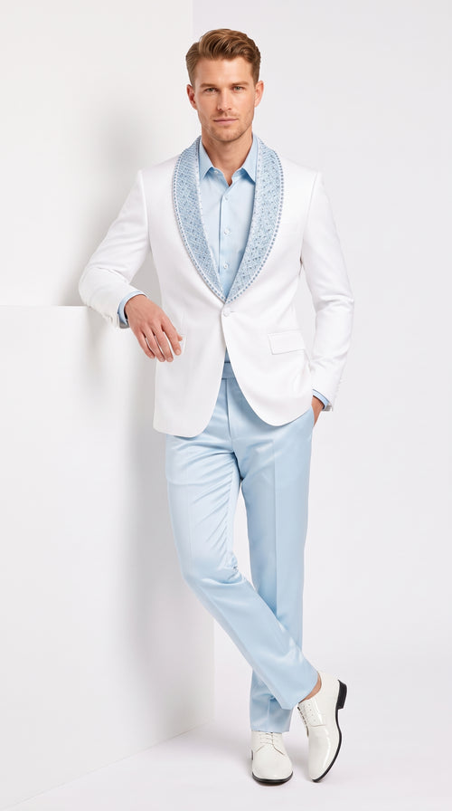 Men’s White & Sky Blue Tuxedo Suit with Embellished Shawl Lapel – Prom & Wedding in light baby poweder blue color