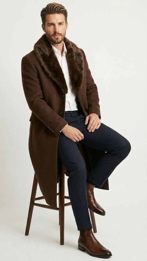 Mens Brown Long Overcoat with Faux Fur Collar Classic Winter Formal Coat Three Quarter Carcoat Wool and Cashmere Fabric