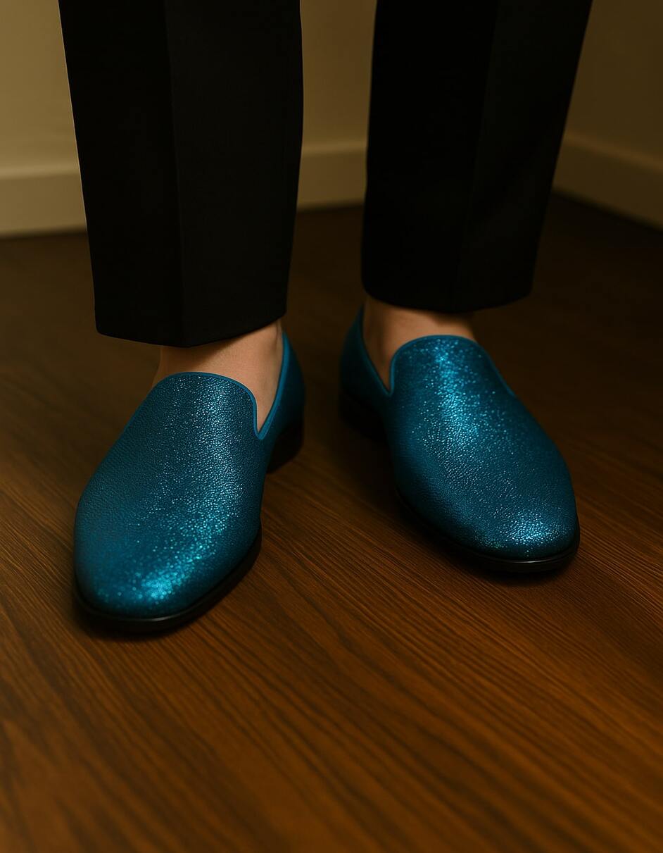 Men's Turquoise Blue Sequin Glitter Loafers – Sparkling Slip-On Party Dress Shoes for Prom, Weddings, and Nightlife - 7 Standard / D / Medium