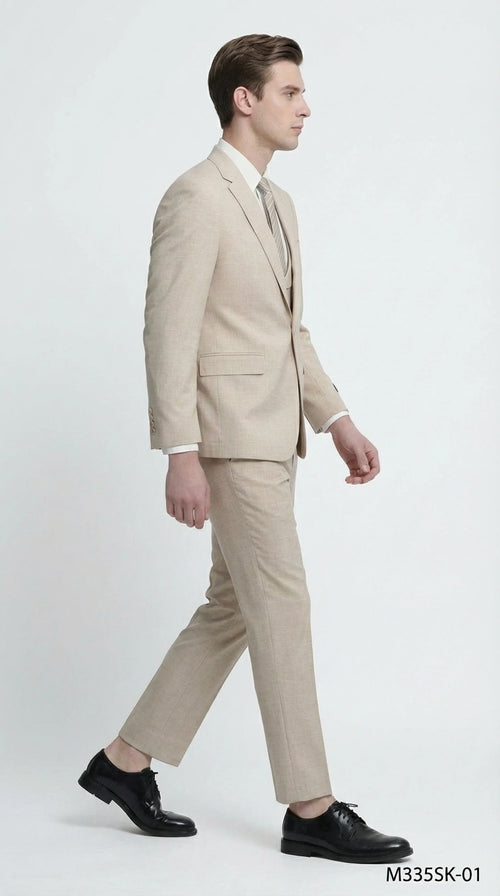 Mens Sand Beige 3 Piece Suit – Double breasted Vest Formal Suit Set and Dress Pants in Champaign Natural Summer Color