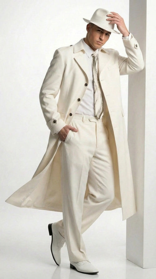 Men’s Ivory Cream Off White Full Length Zoot Suit – Vintage Gangster Style Long Coat Formal Suit
