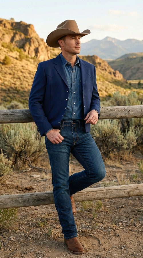 Mens Navy Blue Western Blazer Set Cowboy Style Jacket and Pants Outfit Classic Country Western Ensemble