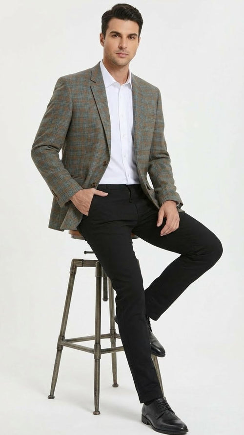 Mens Green Brown and Teal Plaid Sport Coat Tailored Fit Check Blazer Jacket - Tartan Sportcoat