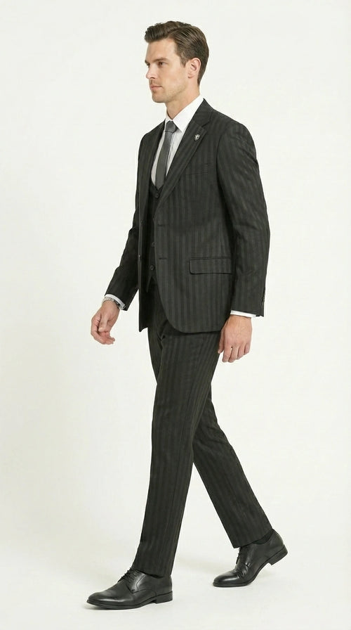 Men’s Black Pinstripe 3 Piece Suit – Vested Formal Business Suit for Wedding, Office, Prom and Party Wear