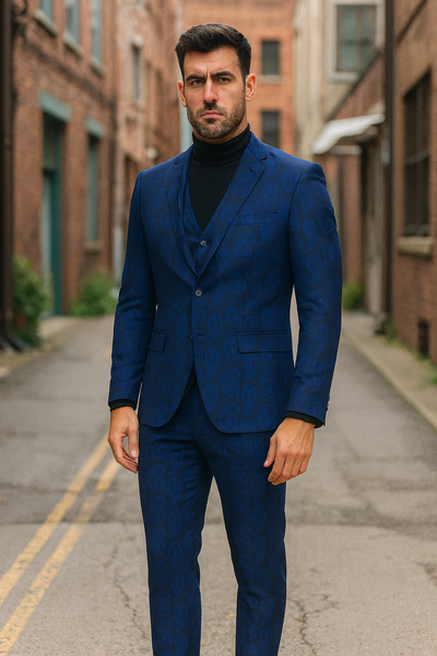 Mens Sapphire Blue Paisley 3-Piece Suit Slim Fit Designer Tuxedo Set for Weddings and Formal Events in Cobalt Blue Color