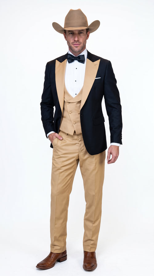 Men's Western Khaki Cowboy Tuxedo Suit – Black & Tan Beige Peak Lapel 3-Piece Vested Formal Cowboy Suit