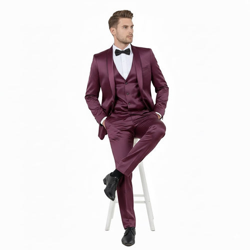 Mens Sateen Shiny Burgundy Slim Fit Tuxedo Satin Shawl Lapel 3-Piece Suit