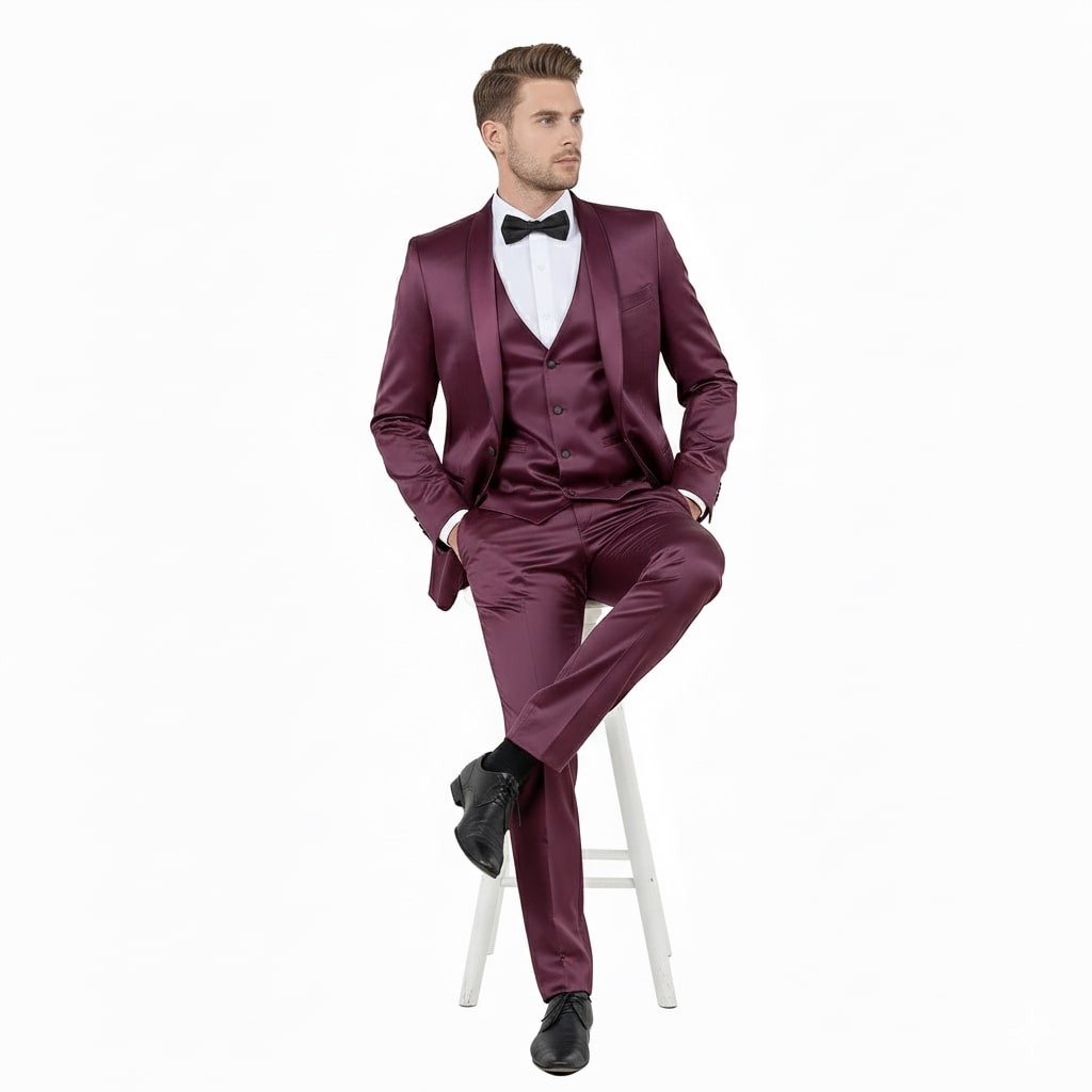 Mens Sateen Shiny Burgundy Slim Fit Tuxedo – Satin Shawl Lapel 3-Piece Suit - 34 Short or Extra Small