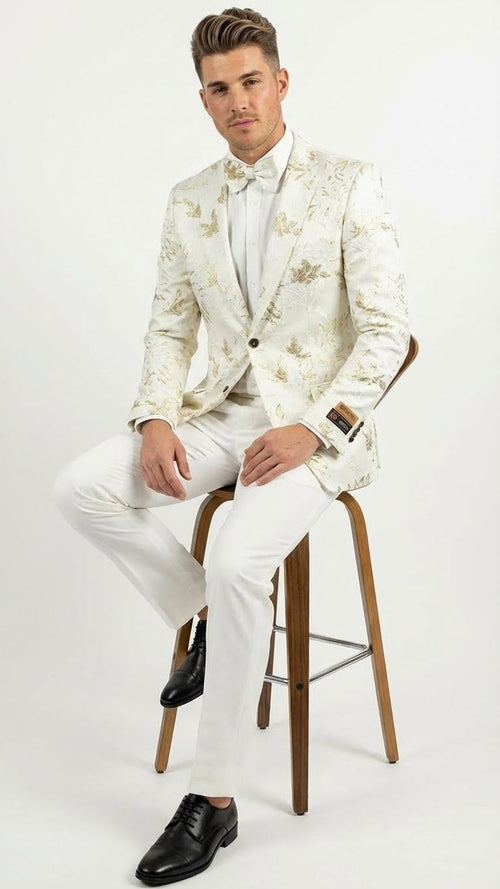 Mens White and Gold Patterned Blazer Paisley Floral Pattern Prom Wedding Suit Tuxedo Dinner Jacket + Bowtie