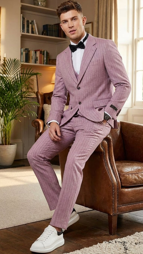 Mens Dusty Rose Pink Pinstripe Three Piece Suit with Vest | Wedding and Party Formal Wear Prom or Church Suit
