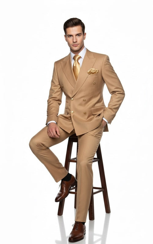 Mens Camel - Bronze - Goldish khaki Double-Breasted Suit Luxury 2-Piece Formal Set with Gold Buttons and Peak Lapels by Rossi Man