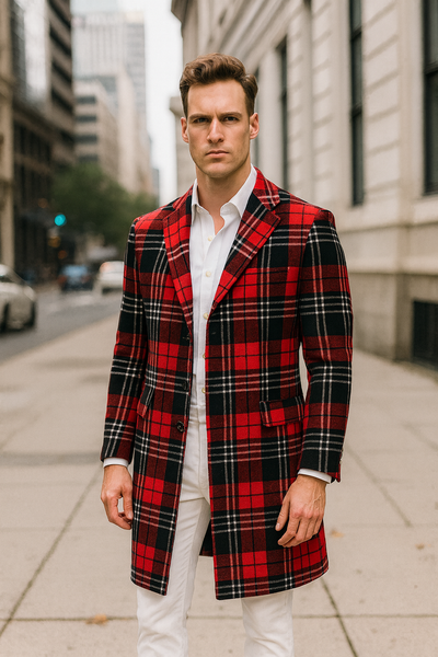 Mens Red Plaid Wool Overcoat Classic Tartan Check Long Coat for Stylish Winter Wear